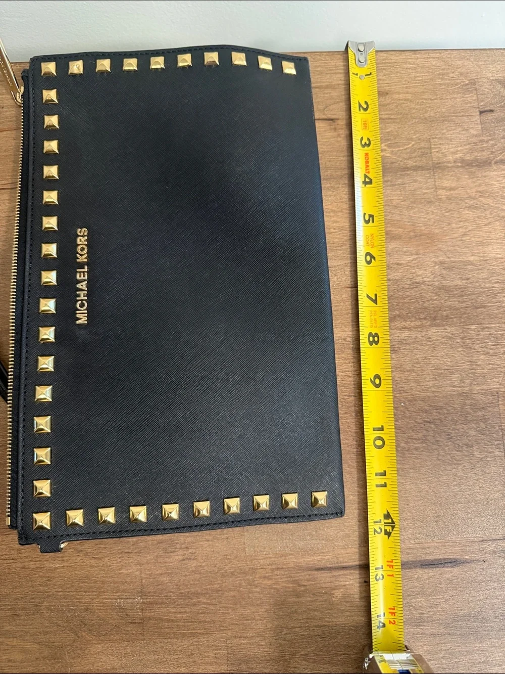 Michael Kors Black Leather Studded Wristlet Pouch with Gold Accents
